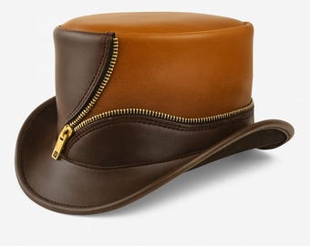 Handmade Brown Leather Top Hat with a Two-Tone Design and Gold Zipper Detai