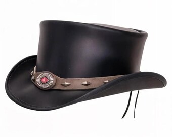 Handmade Black Leather Top Hat with Studded Band and Gem Concho gothic