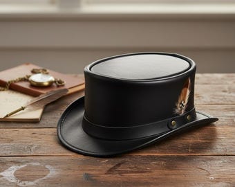 Handmade Black Leather Top Festival Hat with Feather Accent