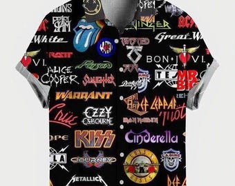 Camicia hawaiana con motivo rock band, camicia Aloha ispirata alla musica, outfit da festival per concerti, camicia estiva da spiaggia per uomo e donna