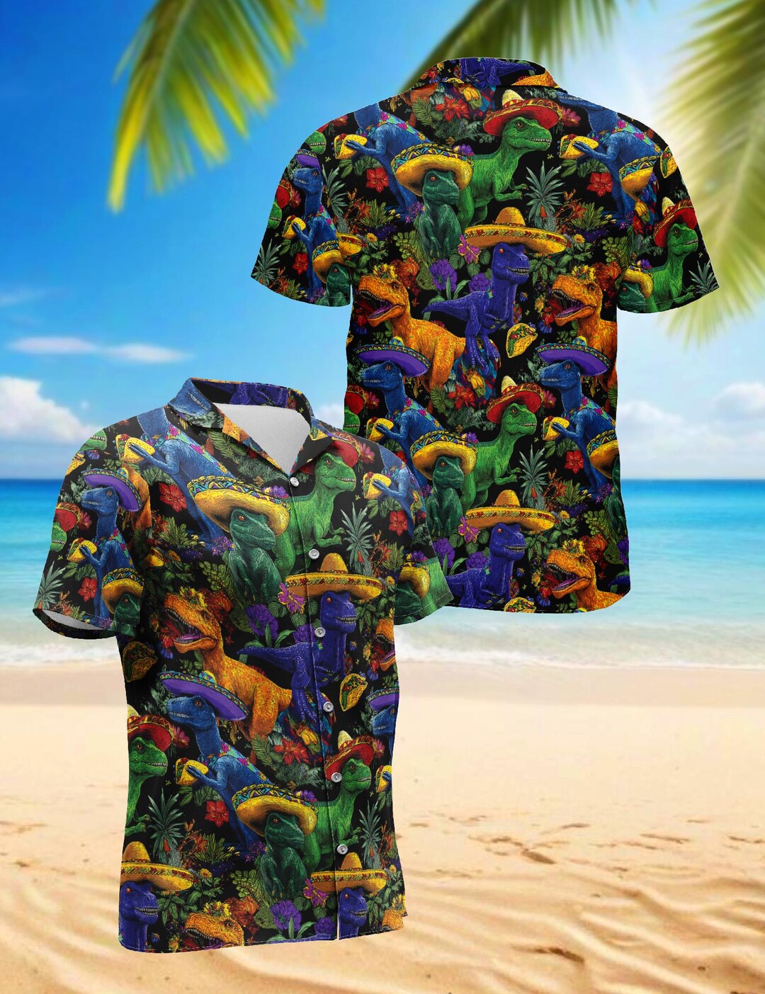 takashi様ご購入用　yuketen◆U.S.A.製◆メンズヒョウ柄ハラコ Taco T-rex Hawaiian Shirt, Funny Dinosaur Taco Aloha Shirt, Unisex