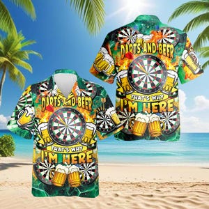 May include: Short-sleeved button-down shirt with a dartboard and beer theme. The shirt features a dartboard graphic with the text "DARTS AND BEER" and "THAT'S WHY I'M HERE". The design includes images of beer mugs and darts.