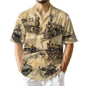 Vintage Steam Train Hawaiian Shirt for Men, Locomotive Aloha Shirt, Railroad Button Down, Railway Lover Gift for Dad
