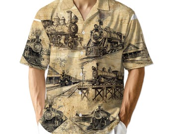 Peut inclure: Une chemise à manches courtes boutonnée de couleur beige clair avec un imprimé graphique répétitif en tons sépia représentant des locomotives à vapeur anciennes, des voies ferrées et des gares. La chemise a un col classique.