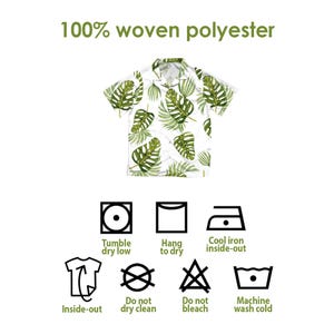Peut inclure: Chemise blanche &agrave; manches courtes avec un motif de feuilles tropicales vertes. La chemise est en 100% polyester tiss&eacute;. Instructions d'entretien : s&eacute;chage en machine &agrave; basse temp&eacute;rature, suspendre pour s&eacute;cher, repassage &agrave; l'envers &agrave; froid, lavage &agrave; l'envers, pas de nettoyage &agrave; sec, pas de blanchiment et lavage en machine &agrave; froid.