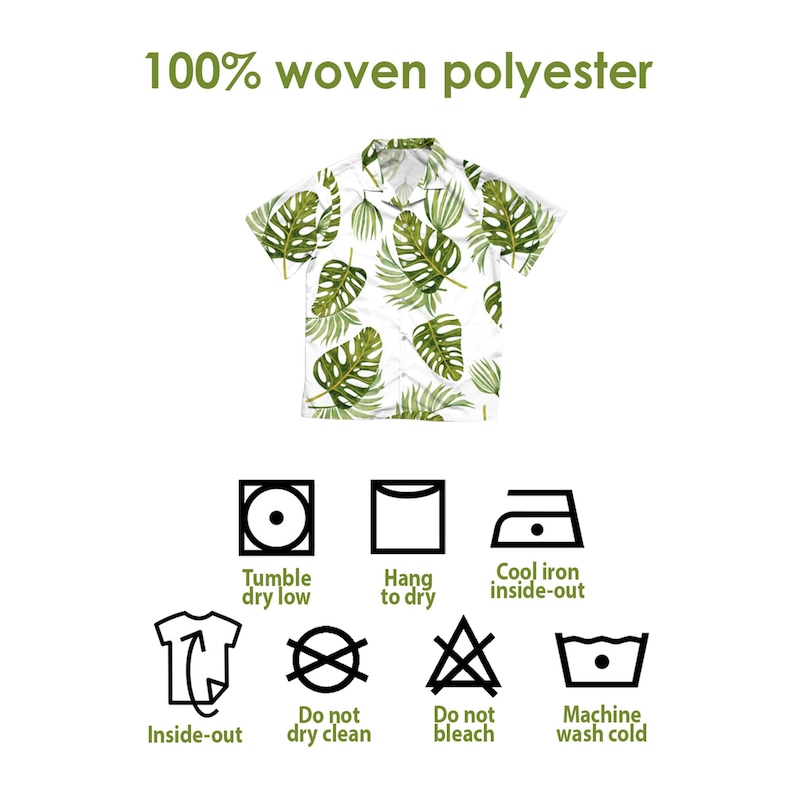 Peut inclure: Chemise blanche &agrave; manches courtes avec un motif de feuilles tropicales vertes. La chemise est en 100% polyester tiss&eacute;. Instructions d'entretien : s&eacute;chage en machine &agrave; basse temp&eacute;rature, suspendre pour s&eacute;cher, repassage &agrave; l'envers &agrave; froid, lavage &agrave; l'envers, pas de nettoyage &agrave; sec, pas de blanchiment et lavage en machine &agrave; froid.