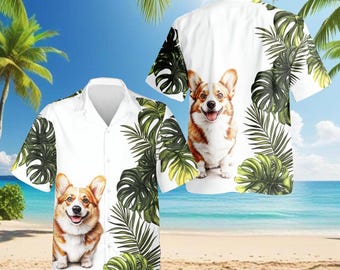 Corgi Monstera Leaves Hawaiian Shirt, Cute Dog Lover Aloha Shirt, Tropical Corgi Button Down, Summer Vacation Beach Outfit Gift, S–5XL