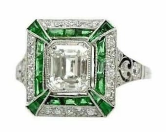 Anello di fidanzamento vintage Art Déco in stile edoardiano con diamanti e smeraldo Asscher, anello Art Déco con alone, anello con gemma di smeraldo verde