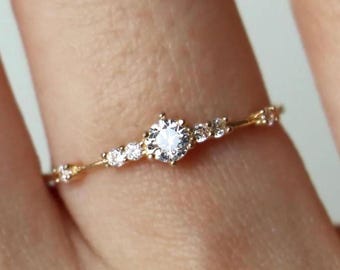 14K Solid Gold Moissanite Engagement Ring, Dainty Promise Ring