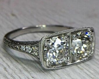 Old European Cut Moissanite Diamond Engagement Ring, Antique Two Stone Art Deco Ring, Vintage Style Edwardian Bridal Ring