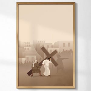 May include: A framed print depicting a religious scene. Two figures carry a large wooden cross through a town, with a crowd of people in the background. The artwork is rendered in muted tones of brown and beige.
