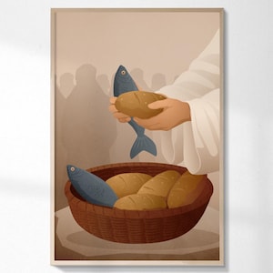 Jesus matar de fem tusen, Markus 6:37-38 utskrivbar, kristen väggkonst, symbolisk trosdekor