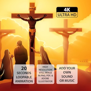 Könnte beinhalten: Eine Illustration der Kreuzigung Jesu Christi, mit drei Kreuzen vor einem goldenen Sonnenuntergang. Der Text enthält "INRI", "4K ULTRA HD", "20 SECONDS LOOPABLE ANIMATION", "HIGH RESOLUTION STILL IMAGE IN PNG, PDF, & ADOBE ILLUSTRATOR" und "ADD YOUR OWN SOUND OR MUSIC".