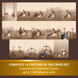 May include: A sepia-toned illustration set depicting the 14 Stations of the Cross. Each panel shows a different scene, with figures carrying crosses and interacting in a religious setting. The text "COMPLETE 14 STATIONS OF THE CROSS SET" is visible.