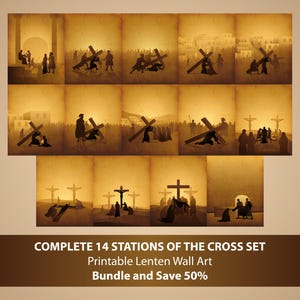 Complete set dramatische kruiswegstaties, katholieke vastentijd afdrukbaar, bundel Silhouette Passion of Christ