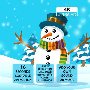 May include: A cartoon snowman wearing a blue hat, orange nose, and a colourful scarf. The image includes text that says "4K ULTRA HD", "16 SECONDS LOOPABLE ANIMATION", "HIGH RESOLUTION STILL IMAGE IN PNG, PDF, & ADOBE ILLUSTRATOR", and "ADD YOUR OWN SOUND OR MUSIC".