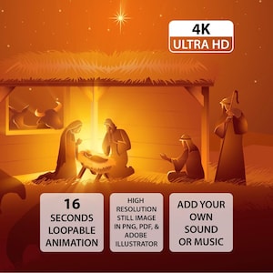 May include: An illustration of the Nativity scene with a warm, golden color palette. The image features the Holy Family, the Three Wise Men, and animals in a stable. Text on the image reads "4K ULTRA HD", "16 SECONDS LOOPABLE ANIMATION", and other details.
