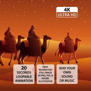 Può includere: Illustrazione di tre figure a cavallo di cammelli in un paesaggio desertico sotto un cielo stellato. L'immagine include il testo: "4K ULTRA HD", "ANIMAZIONE LOOP DI 20 SECONDI", "IMMAGINE STATICA AD ALTA RISOLUZIONE IN PNG, PDF E ADOBE ILLUSTRATOR", e "AGGIUNGI IL TUO SUONO O MUSICA".
