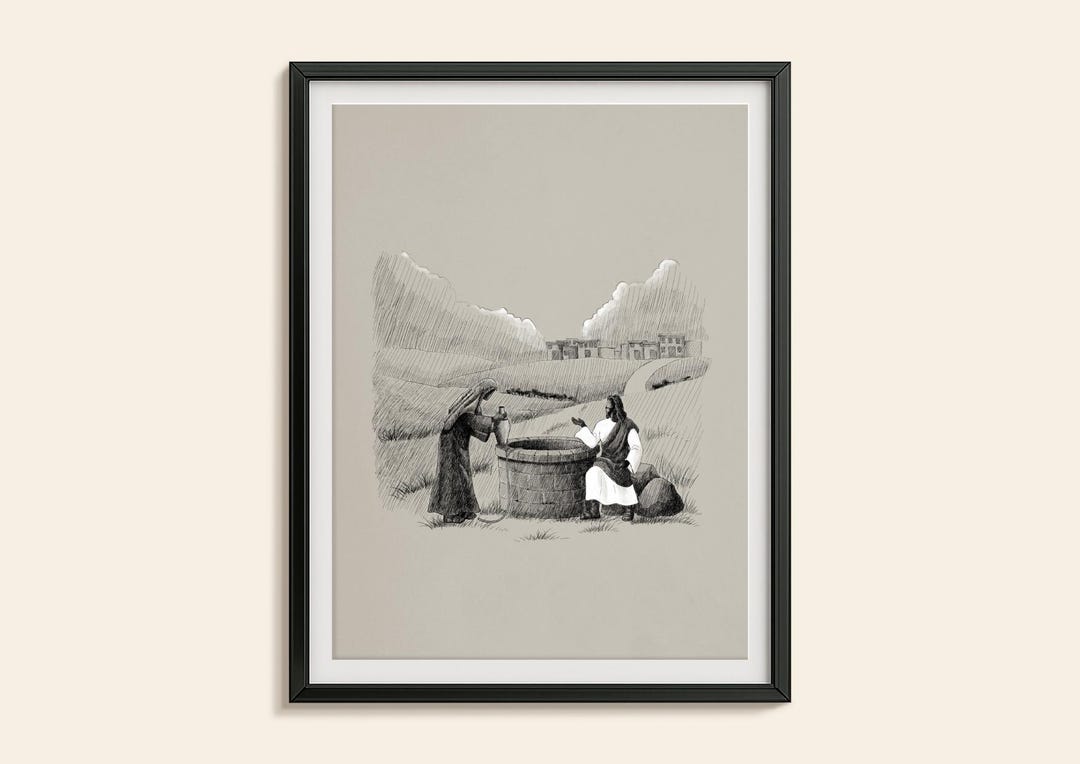 Jesus and Samaritan Woman at the Well Print: Christian Sketch Art ...