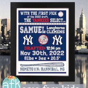 Stampa artistica per bambini con statistiche sulle nascite dei NEW YORK YANKEES