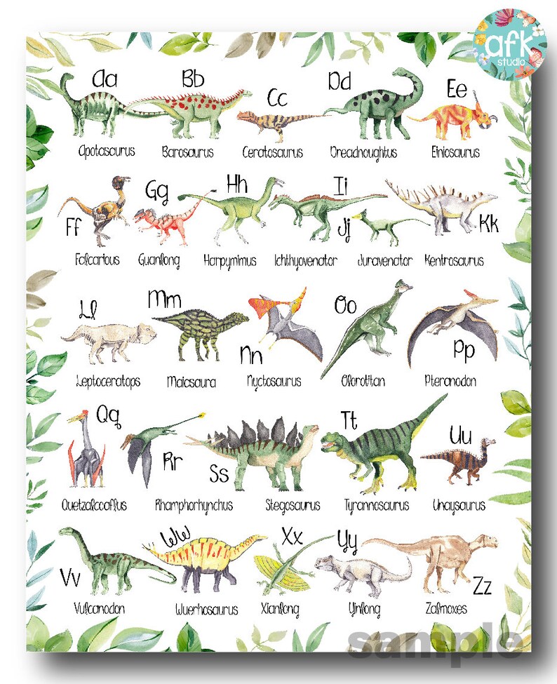 Watercolor Dinosaur ABC Alphabet Kids Room, Toy Room, or Nursery Art ...