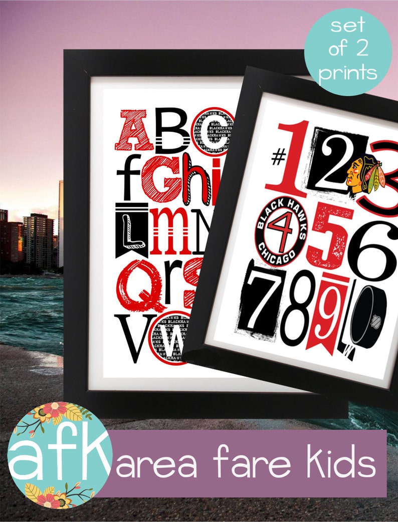 CHICAGO BLACKHAWKS 123 /& ABC Number Nursery Art Print Set