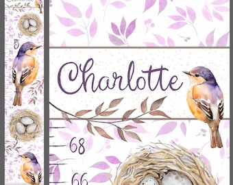 Purple Birds & Leaves baby Nursery Watercolor custom growth chart canvas wall hanging