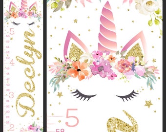 Unicorn Crown with Flowers & Glitter GROWTH CHART custom canvas wall hanging