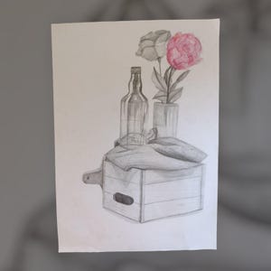 Still Life Pencil Drawing on A3 – Box, Burlap, Bottle & Vase with Highlighted Rose
