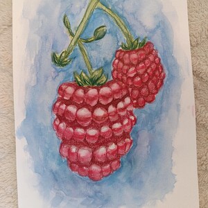 Juicy Raspberries on a Branch – Original A4 Watercolor Painting