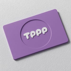 May include: A lilac rectangular card with rounded corners. The card has a circular indentation with the white letters "TPPP" in a rounded font. The card is set against a white background.