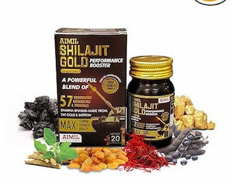 Suplemento herbal AIMIL Strong Shilajit Gold (20 cápsulas) para hombres, que mejora la vitalidad, el bienestar y la inmunidad.