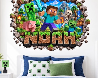 Sticker mural personnalisé pour gamer, nom personnalisé, pixel block gaming, autocollant mural 3D cassé, décoration pour chambre de garçon, décoration de chambre de gamer, art mural pour enfants VS49