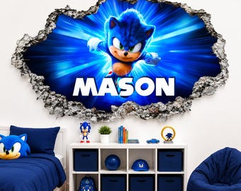 Personalized Sonic Name Wall Decal Custom Boys Room Decor 3D Broken Wall Sticker Gaming Bedroom Wall Art Cartoon Kids Nursery Vinyl VS36