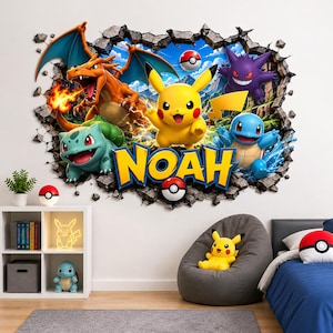 May include: A wall decal featuring Pikachu, Charizard, Gengar, Bulbasaur, and Squirtle emerging from a cracked stone effect background. The design includes the name NOAH in bold yellow letters and several red and white Poké Ball graphics.