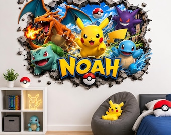 Vinilo decorativo de pared personalizado con nombre de dibujos animados, decoración de pared para habitación infantil, pegatina de pared de personaje de videojuego, decoración de dormitorio de videojuegos, regalo de arte de vinilo de Pokémon VS40