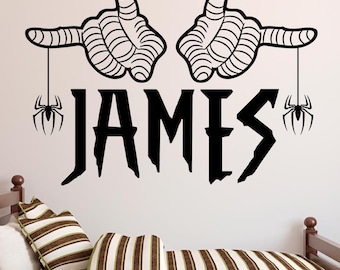 Calcomanía de pared personalizada con nombre de Spiderman para dormitorio infantil, decoración de habitación de superhéroe personalizada, telaraña para niños, decoración artística, mural de vinilo