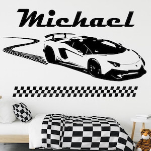 Lamborghini Racing Car Wall Decal Personalized Name Supercar Kids Room Decor with Tire Tracks and Checkered Flags Custom Art Vinyl Sticker