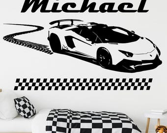 Lamborghini Racing Car Wall Decal Personalized Name Supercar Kids Room Decor with Tire Tracks and Checkered Flags Custom Art Vinyl Sticker