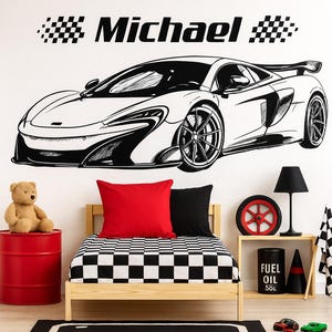 Custom Racing Car Wall Decal Personalized Kids Name Sticker with Checkered Flags Sports Car Wall Art for Boys Bedroom Nursery Playroom Decor