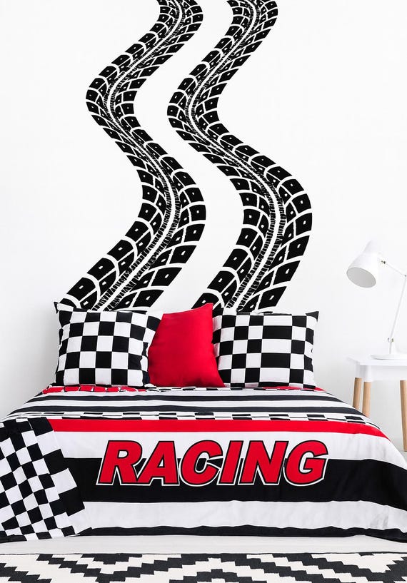 Tire Tracks Wall Decal Racing Car Decor for Kids Room Tire Tread Bedroom Decoration for Boys Race Car Tire Marks Art Mural Vinyl Sticker