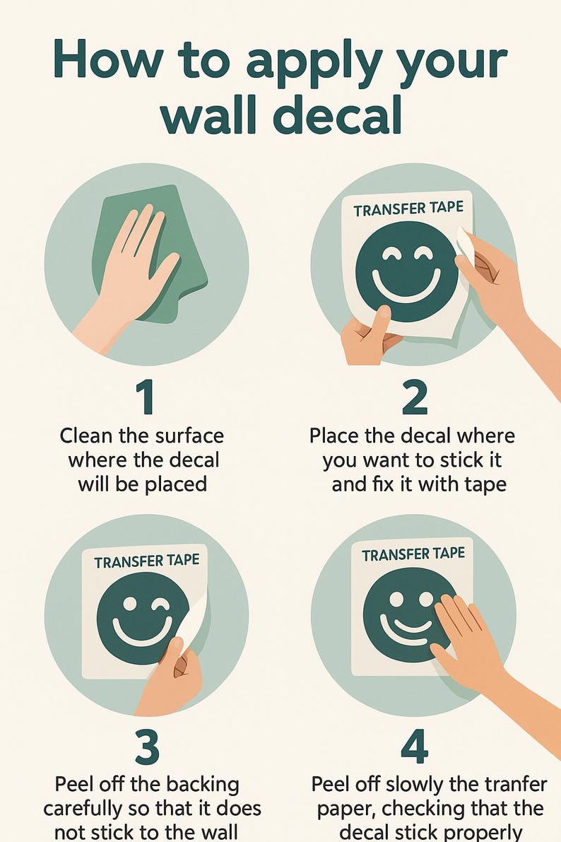 May include: Illustrated guide on how to apply a wall decal. The steps include cleaning the surface, placing the decal, peeling off the backing, and removing the transfer paper. Each step is shown with a hand interacting with the decal.
