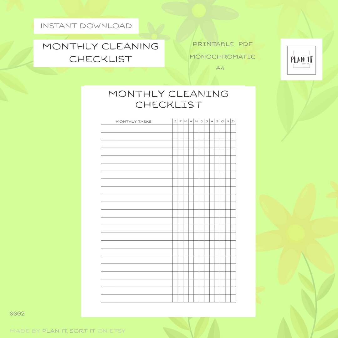 Monthly Cleaning Checklist Planner Template Printable Portrait A4 - Etsy