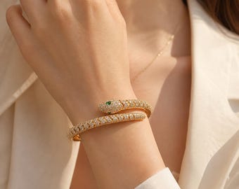Pulsera de serpiente de lujo para mujer: brazalete de serpiente de oro y plata, puño abierto con circonitas cúbicas pavé, joya llamativa ajustable. Regalo ideal.