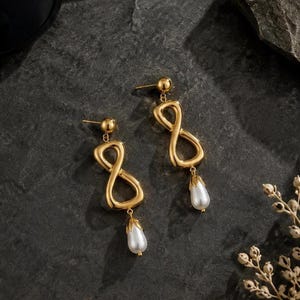 Pendientes colgantes de perlas con forma de ocho infinito, pendientes de acero de titanio y oro de 18 quilates, pendientes colgantes geométricos minimalistas