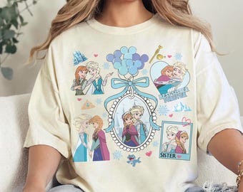 Camisa de colores cómodos de Elsa y Anna con lazo de Frozen, princesa de Disney, cumpleañera, viaje de Disney, mejores amigas con estética femenina