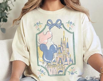 レトロなディズニーキャッスルボウシャツ、キュートなコケットミッキーバルーンTシャツ、パステルカラーのマジックキングダムシャツ、ディズニー旅行Tシャツ、ディズニーファミリーバケーション旅行Tシャツ