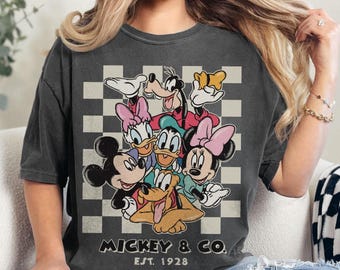 Koszula w kratkę Mickey & Co z 1928 roku w kolorach vintage, Disneyland, Disneyworld, Koszulki rodzinne Mickey and Friends, Disney Trip 2026