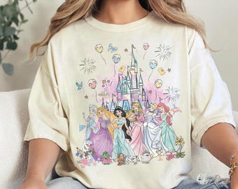 Camiseta con colores cómodos del castillo de la princesa acuarela, camiseta infantil de las princesas Disney, camiseta de Elsa y Rapunzel, camiseta de Cenicienta y Ariel, camiseta de Disney