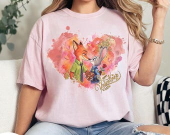 Camiseta retro de Disney con Judy Hopps y Nick Wilde para el Día de San Valentín, camiseta de la película Zootopia de Disney para el Día de San Valentín, camiseta del Día del Amor de Zootopia 2
